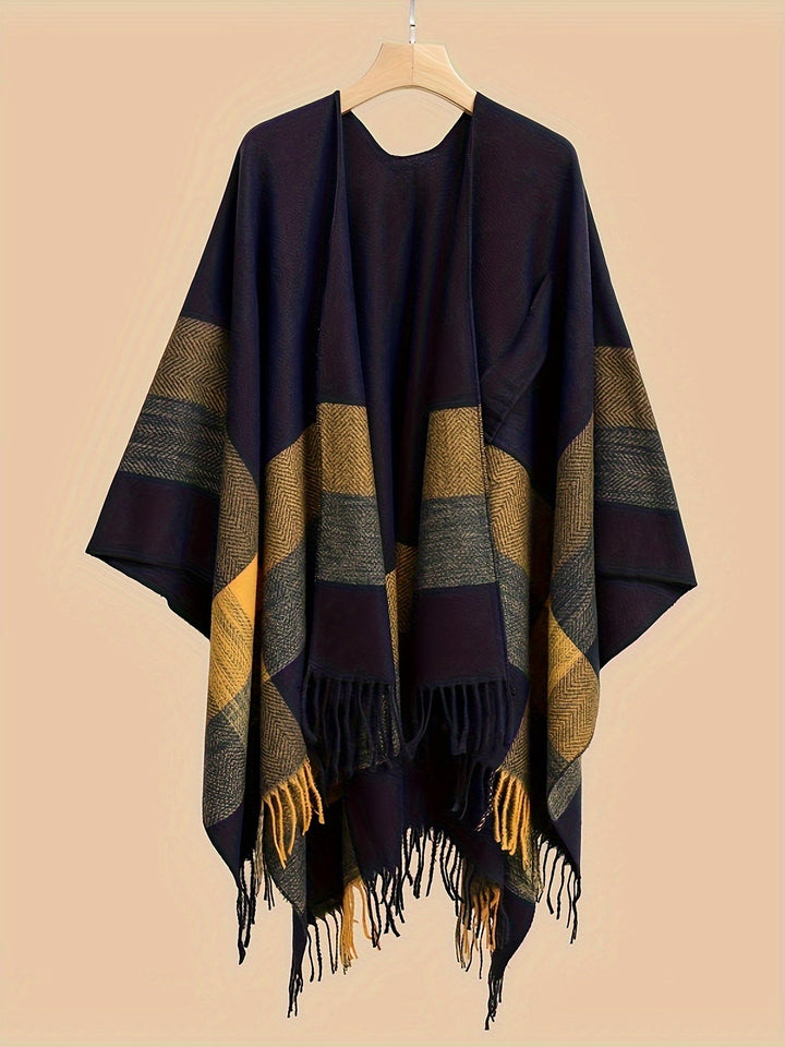 Kyrine - Geometric Pattern Fringed Poncho Shawl Wrap