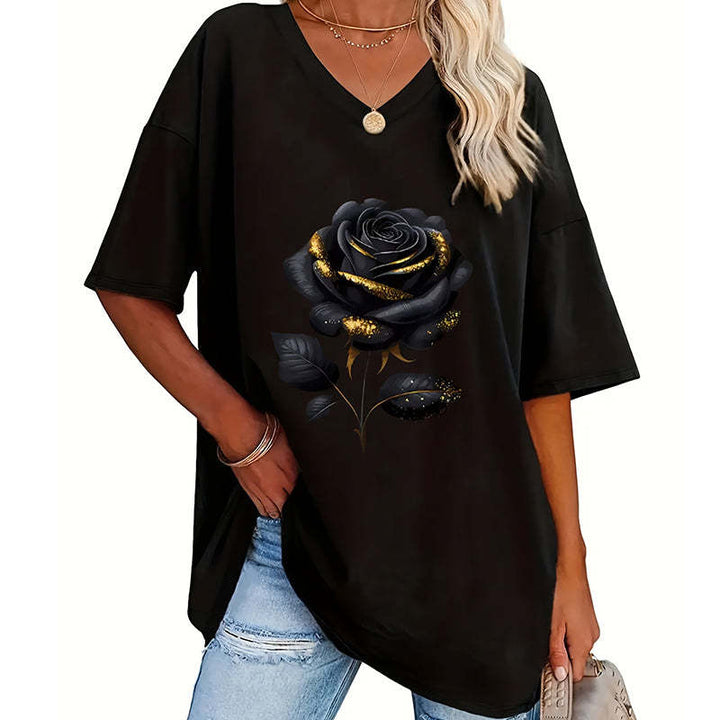 Aijia – T-shirt Med V-hals Og Rosenmønster