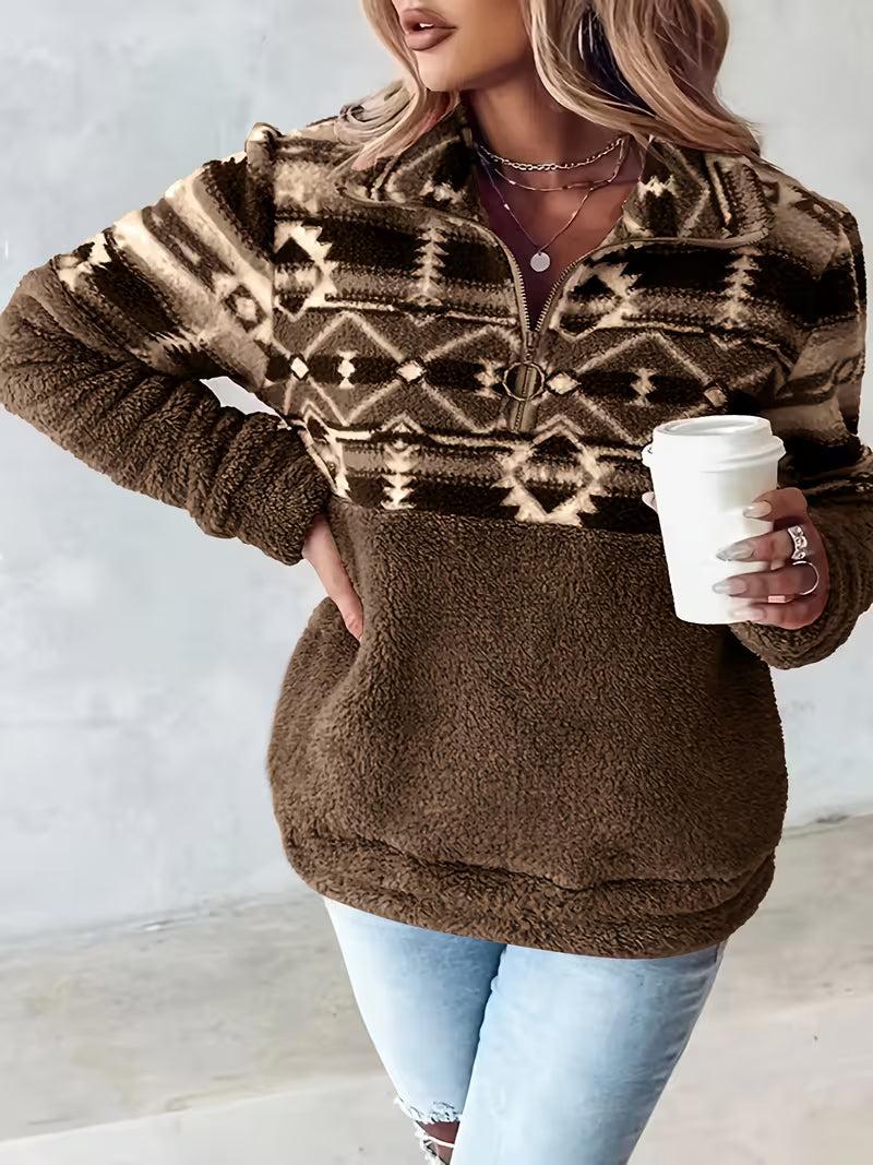 Limina – Teddy-Sweatshirt Med Halv Lynlås Og Geometrisk Mønster