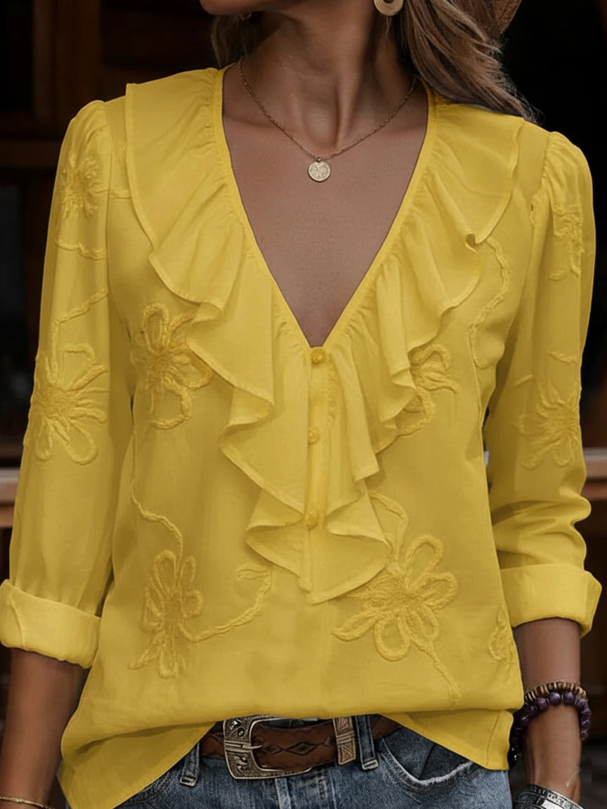 Celestine - Vintage Bluse Med Blomstermønster Og V-udskæring