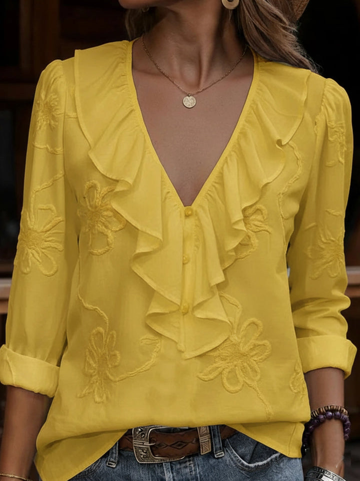 Celestine - Vintage Bluse Med Blomstermønster Og V-udskæring