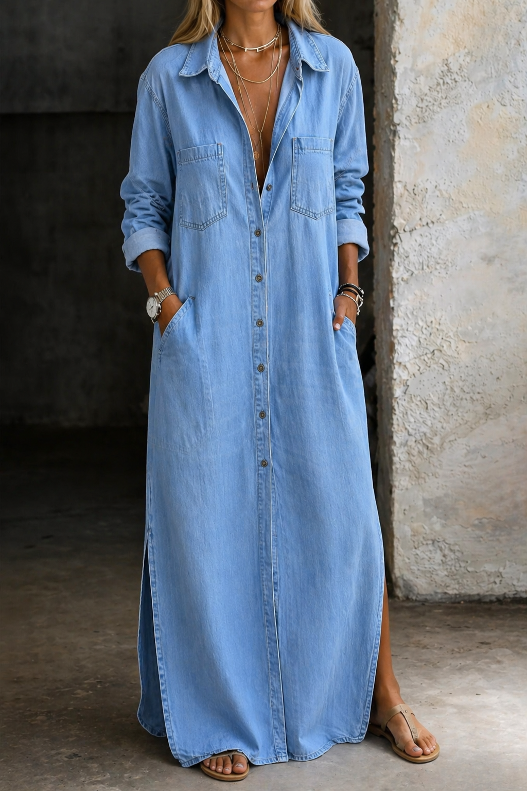 Noshina – Maxi-Kjole I Denim Med Knapper Foran