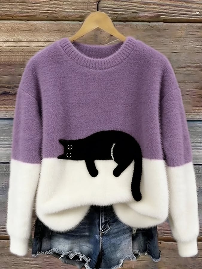 Aiste – Afslappet Sweater Med Katteprint