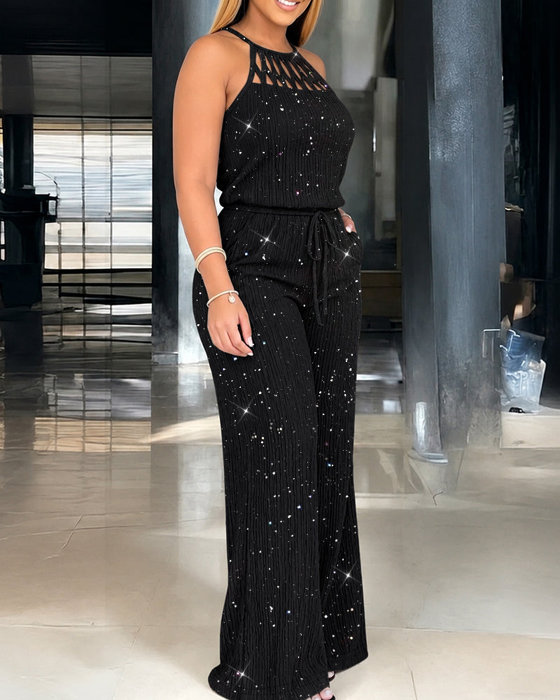 Kannika – Sparkle Halter-jumpsuit Med Brede Ben