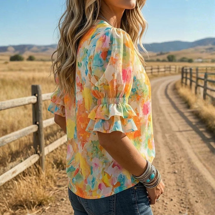 Suda – Bluse Med Blomsterprint, Knapper Foran Og Pufærmer
