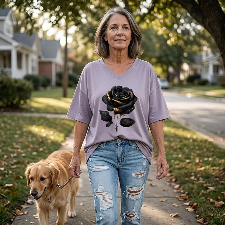 Aijia – T-shirt Med V-hals Og Rosenmønster