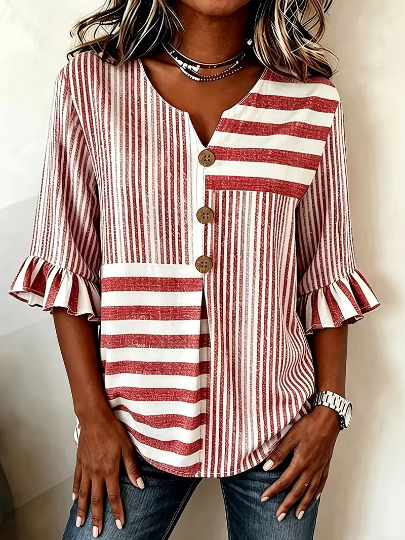 Avyra – Stribet Patchwork-bluse Med Flæseærmer Og Knapper