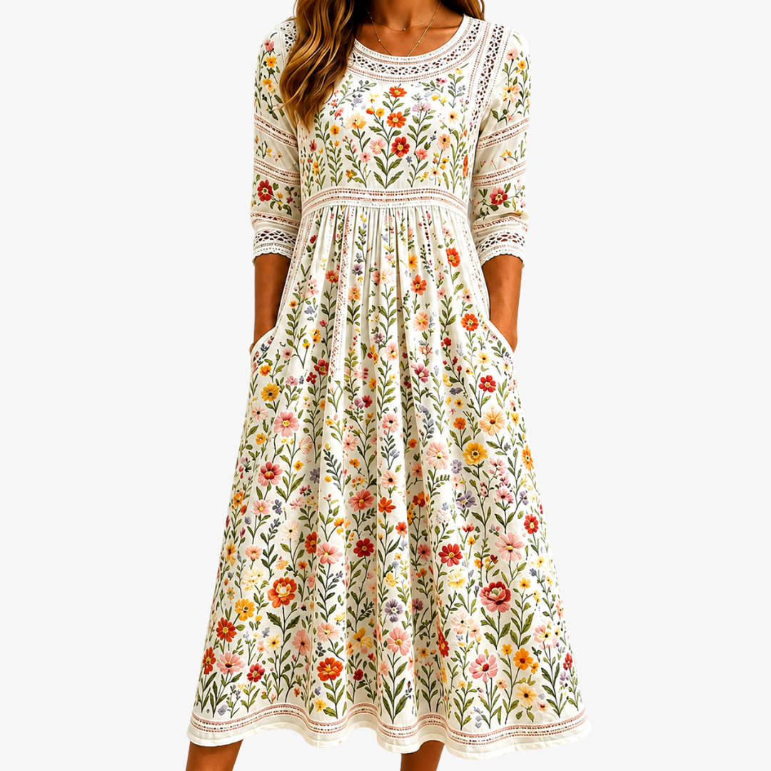 Lejina – Midi-Kjole Med Blomstereng-Motiv