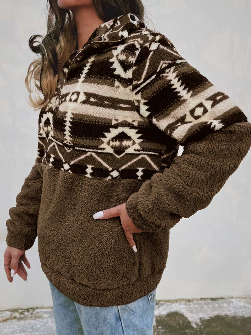 Limina – Teddy-Sweatshirt Med Halv Lynlås Og Geometrisk Mønster
