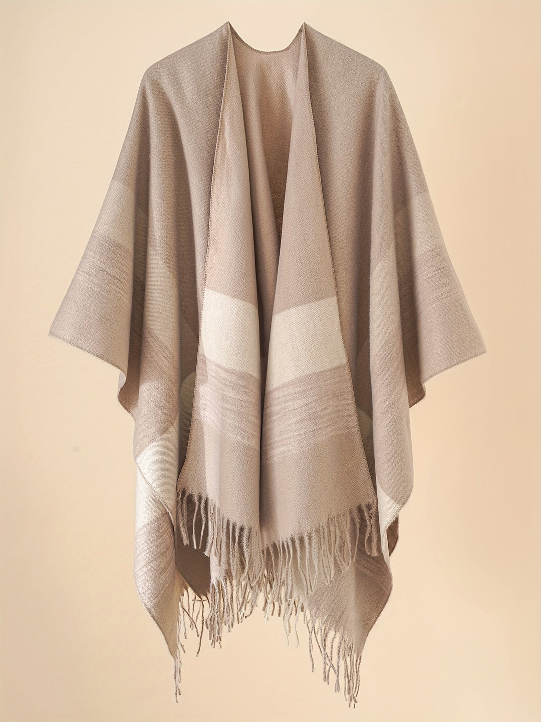 Kyrine - Geometric Pattern Fringed Poncho Shawl Wrap