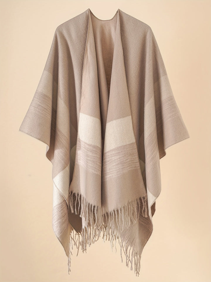 Kyrine - Geometric Pattern Fringed Poncho Shawl Wrap