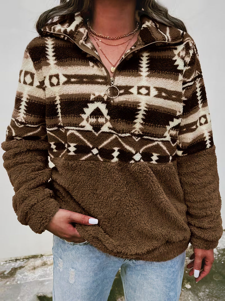 Limina – Teddy-Sweatshirt Med Halv Lynlås Og Geometrisk Mønster