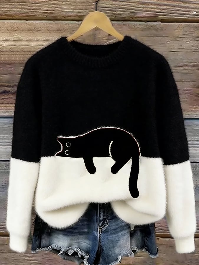 Aiste – Afslappet Sweater Med Katteprint