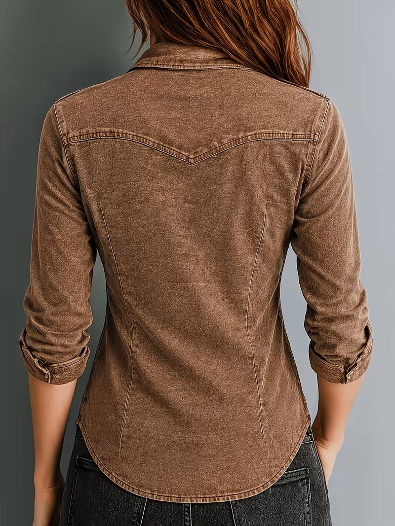 Rihana – Top i vintage-Denim Med Snøret Krave
