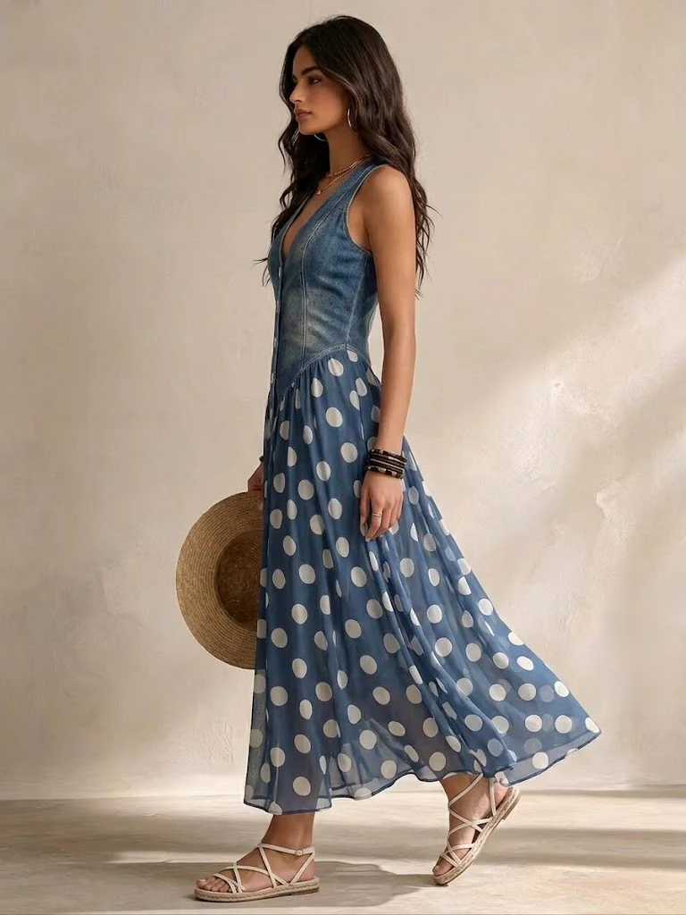 Vylina – Denim Kjole Med Chiffon-Nederdel Med Prikker