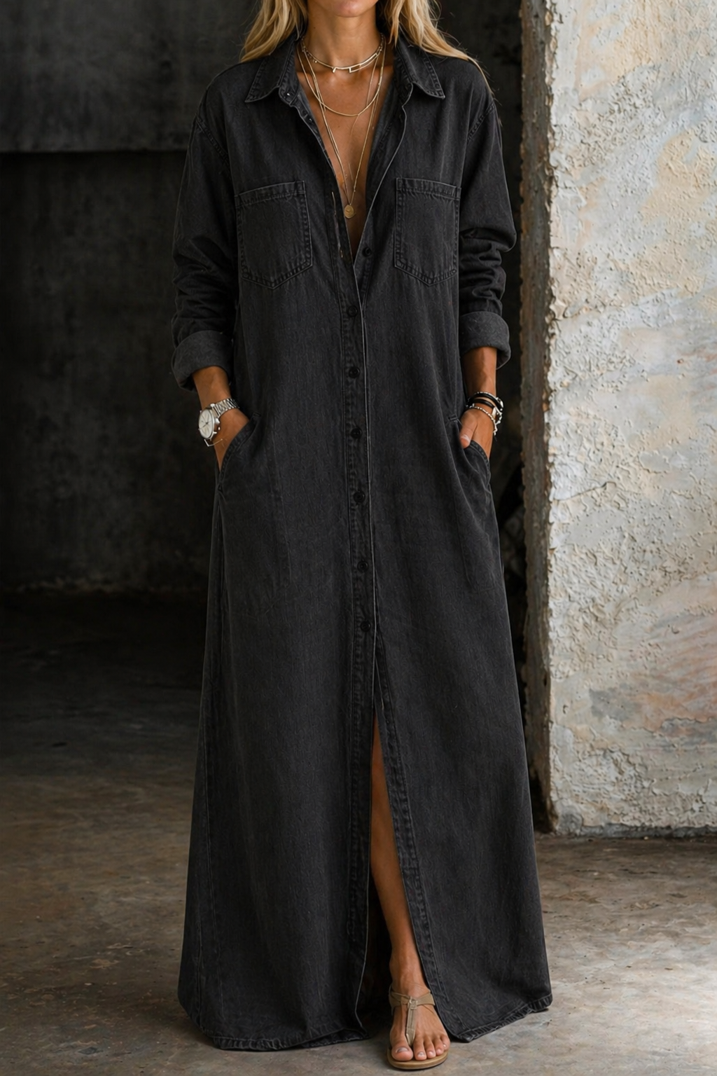 Noshina – Maxi-Kjole I Denim Med Knapper Foran