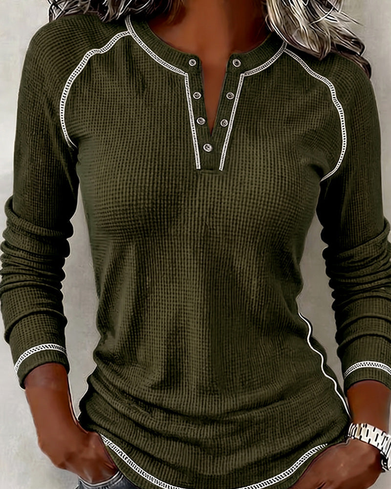 Maisy – Waffle Henley Bluse Med Lange ærmer