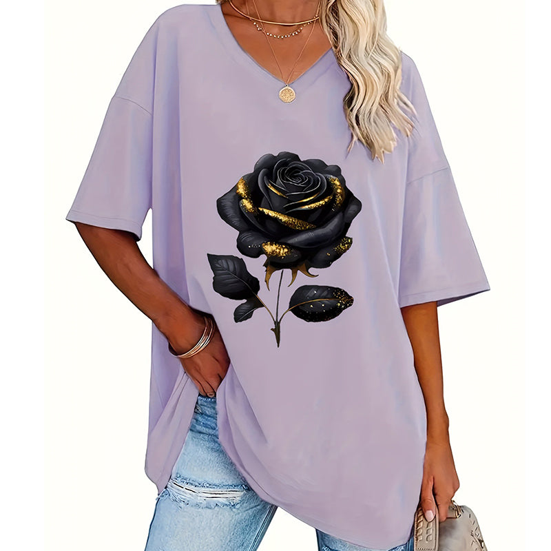 Aijia – T-shirt Med V-hals Og Rosenmønster