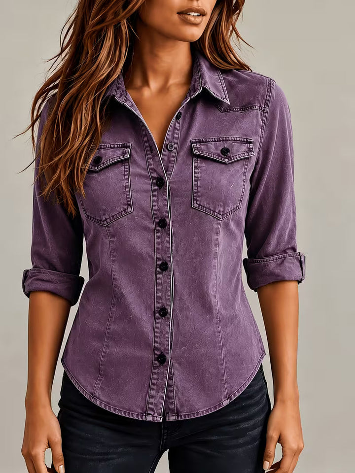 Rihana – Top i vintage-Denim Med Snøret Krave