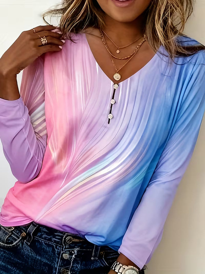 Filona – Top med V-udskæring og tie-dye-farveovergang