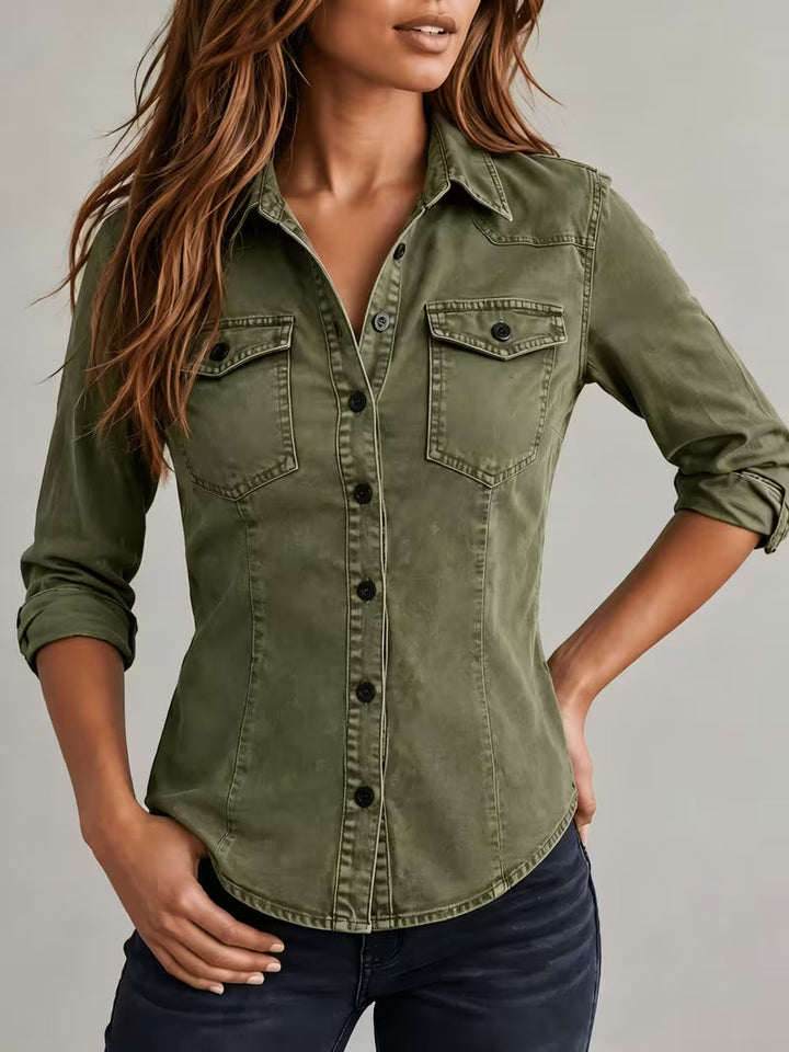 Rihana – Top i vintage-Denim Med Snøret Krave