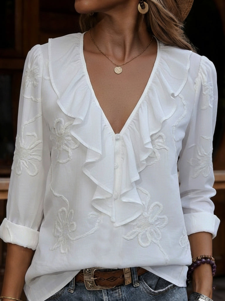 Celestine - Vintage Bluse Med Blomstermønster Og V-udskæring
