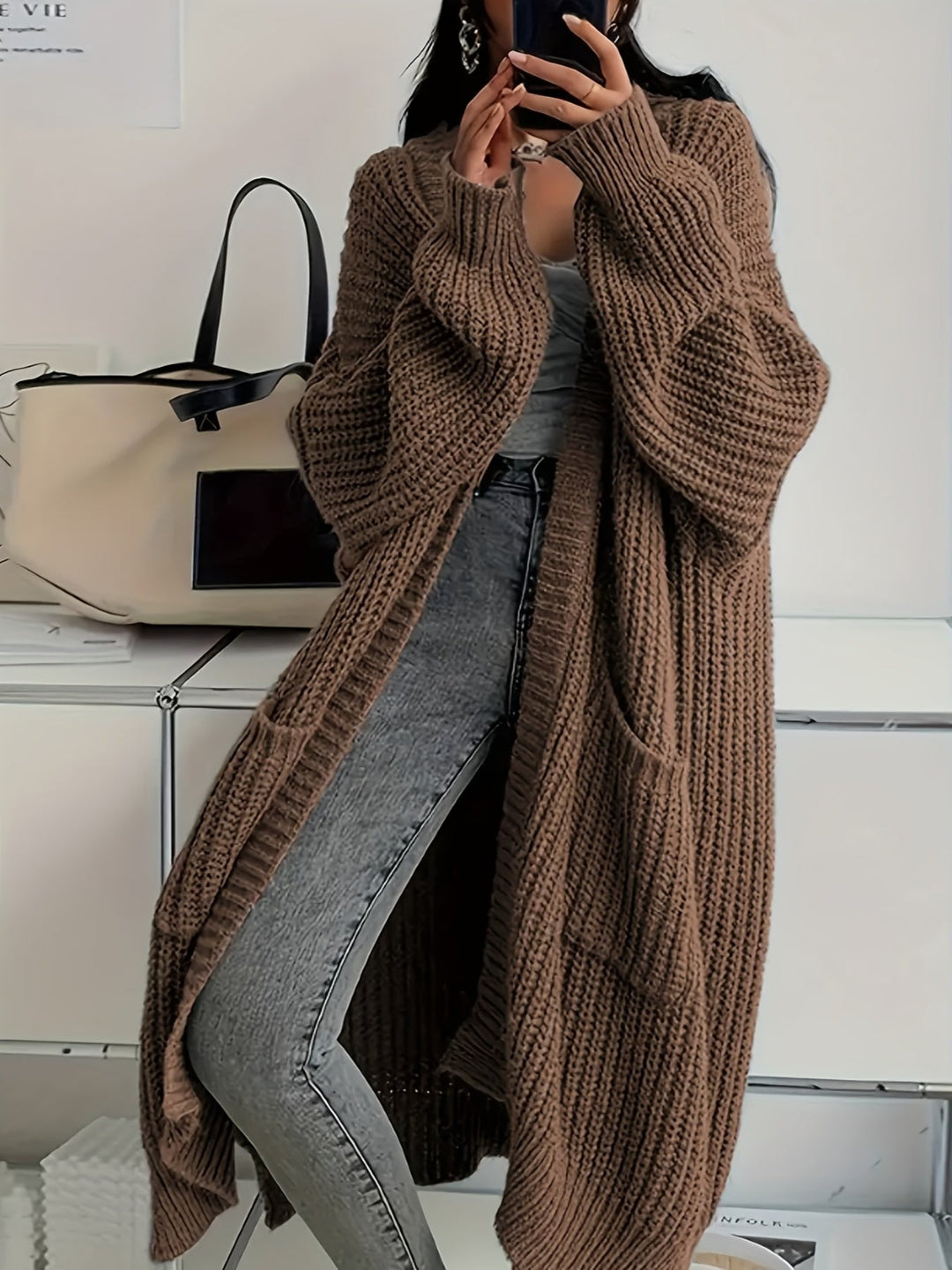 Ludivine - Hyggelig, Lang Strikket Cardigan Med Åben Front Og Lomme
