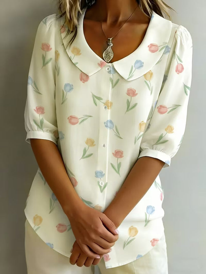 Alvique – Bluse Med Kort Ærme Og Blomsterprint På Kraven
