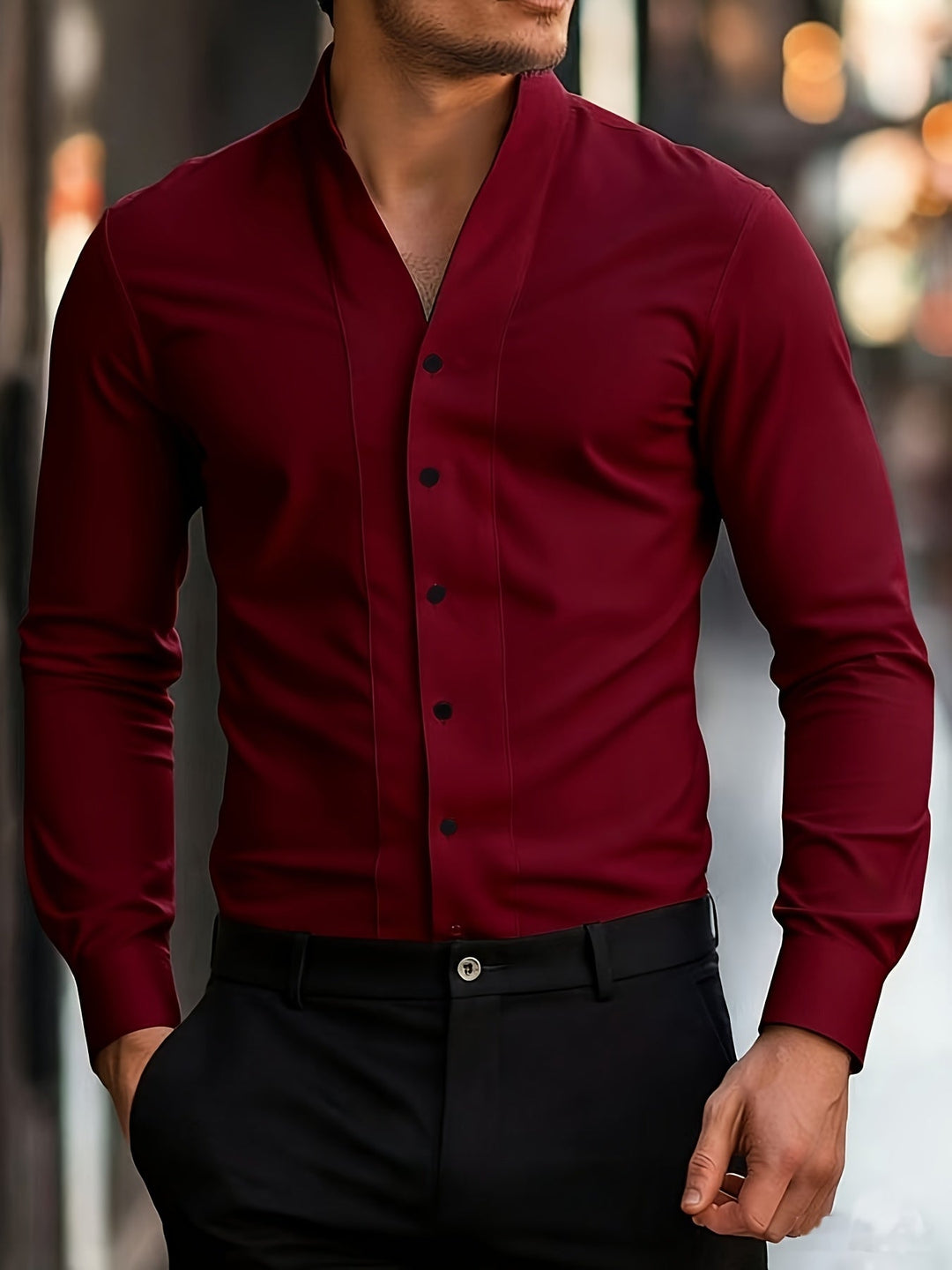 Almasbek - Langærmet Skjorte Med V-udskæring I Slim Fit
