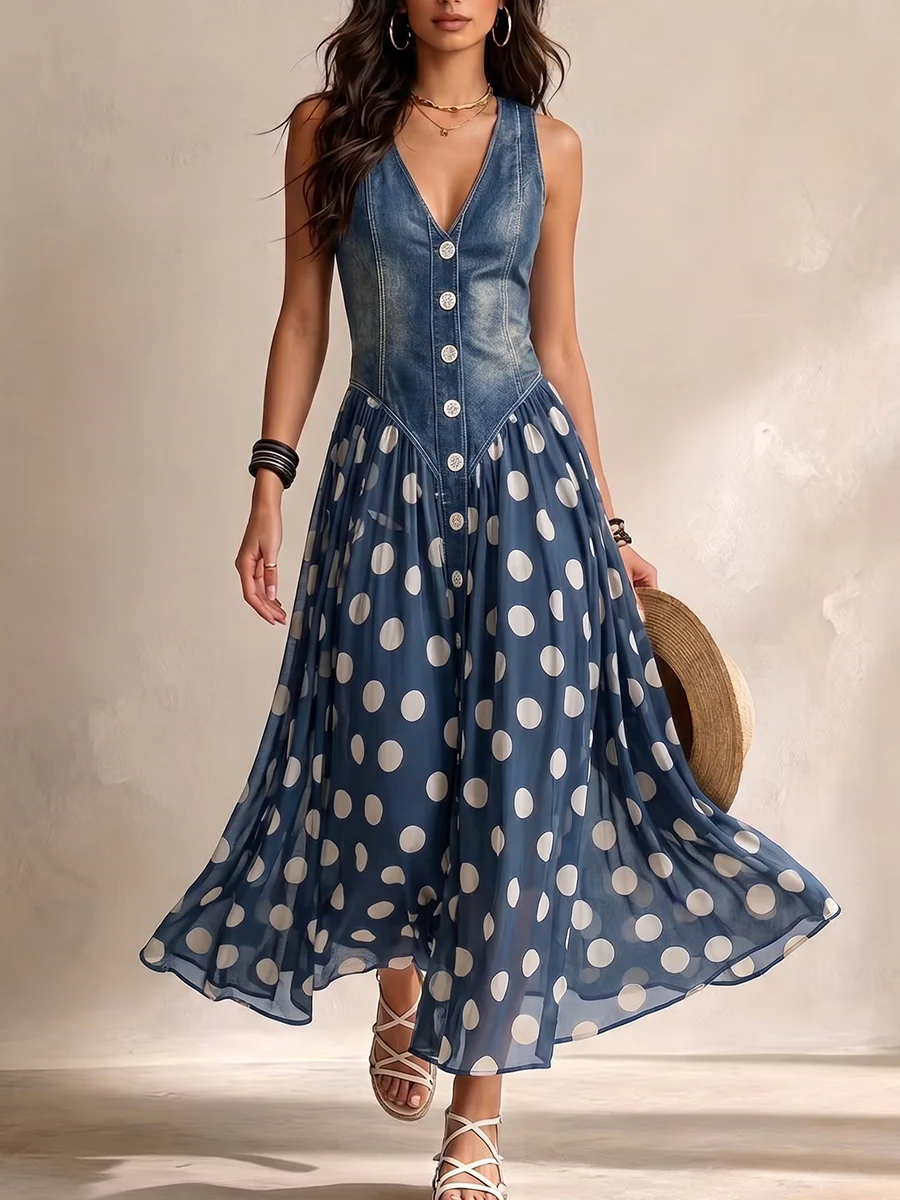 Vylina – Denim Kjole Med Chiffon-Nederdel Med Prikker