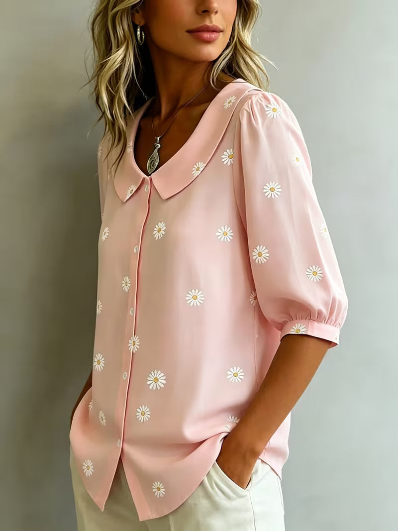 Alvique – Bluse Med Kort Ærme Og Blomsterprint På Kraven