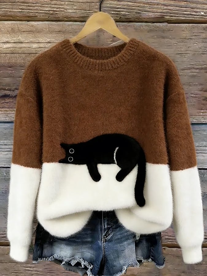Aiste – Afslappet Sweater Med Katteprint