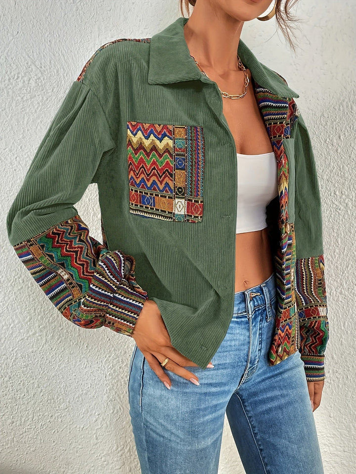 Amelina – Boho-inspireret Patchwork-jakke I Fløjl Med Knapper
