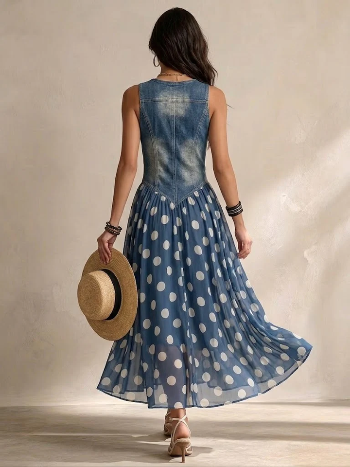 Vylina – Denim Kjole Med Chiffon-Nederdel Med Prikker