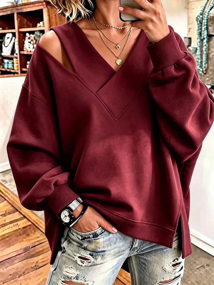Kirstan – Chic Oversized Sweatshirt Med Udskæring og V-Udskæring