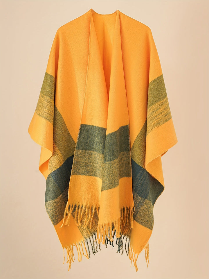 Kyrine - Geometric Pattern Fringed Poncho Shawl Wrap