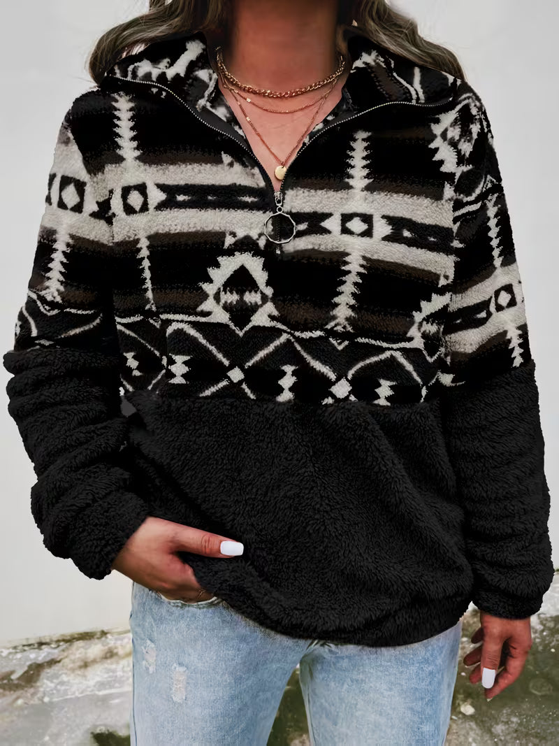 Limina – Teddy-Sweatshirt Med Halv Lynlås Og Geometrisk Mønster