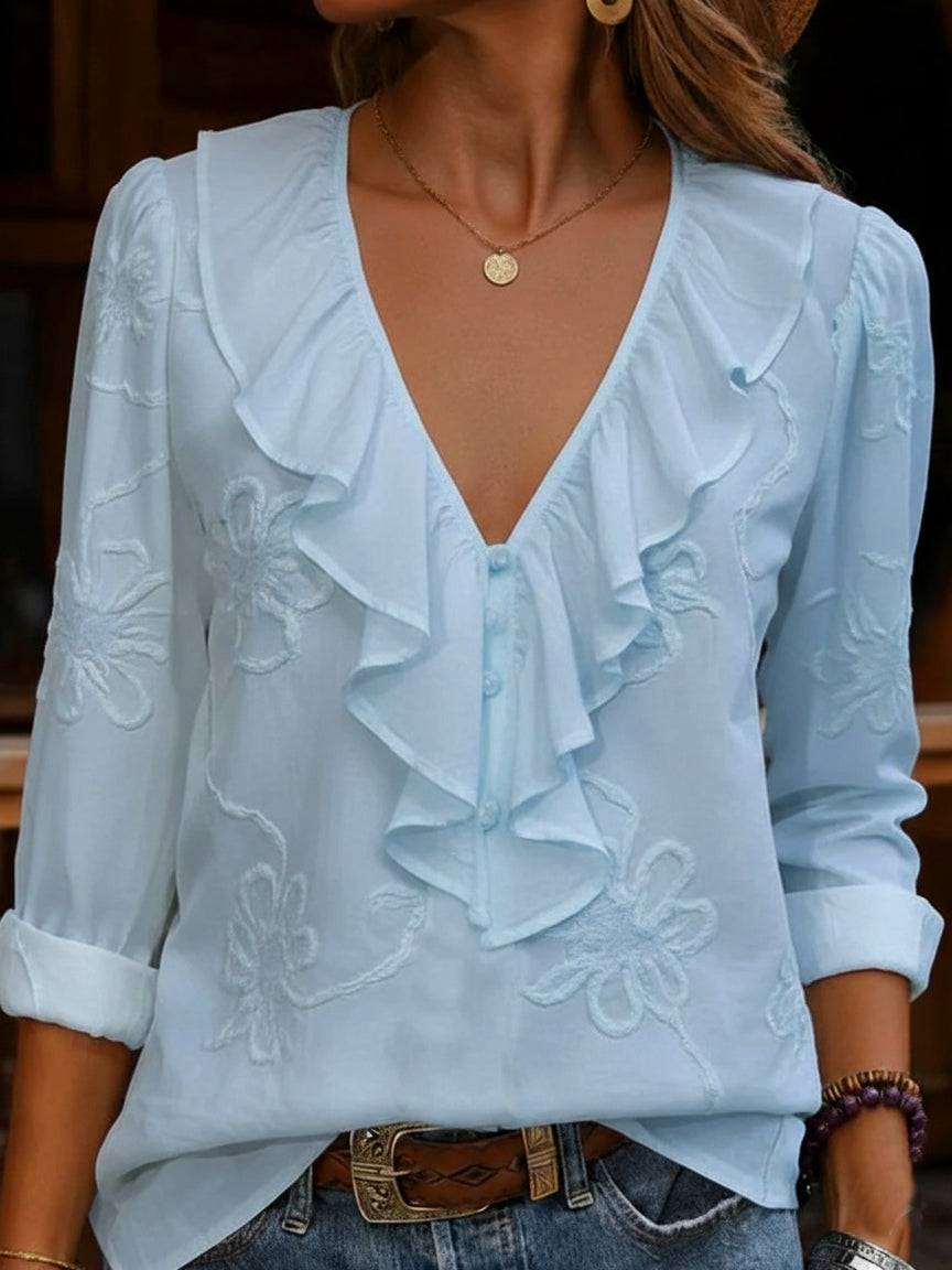 Celestine - Vintage Bluse Med Blomstermønster Og V-udskæring