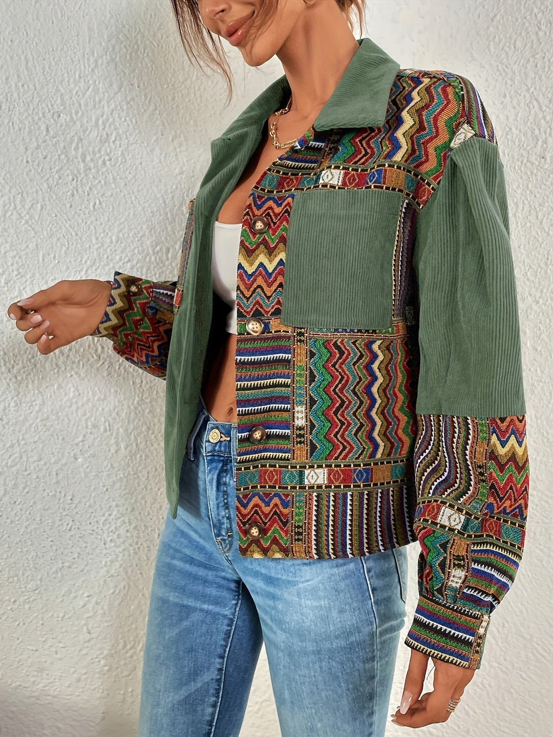 Amelina – Boho-inspireret Patchwork-jakke I Fløjl Med Knapper