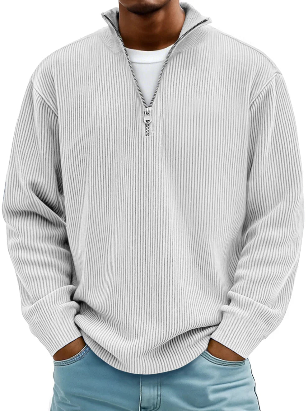 Trestan – Ribstrikket Langærmet Pullover Med Kvartlås