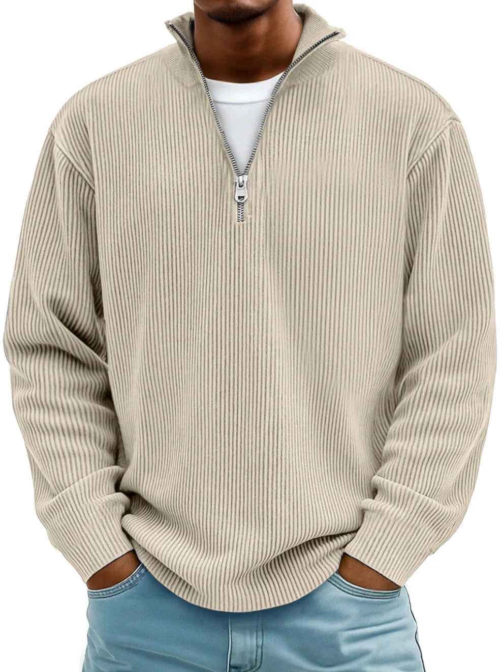 Trestan – Ribstrikket Langærmet Pullover Med Kvartlås