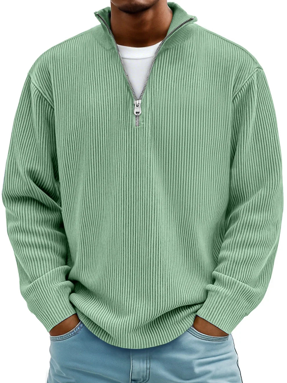 Trestan – Ribstrikket Langærmet Pullover Med Kvartlås