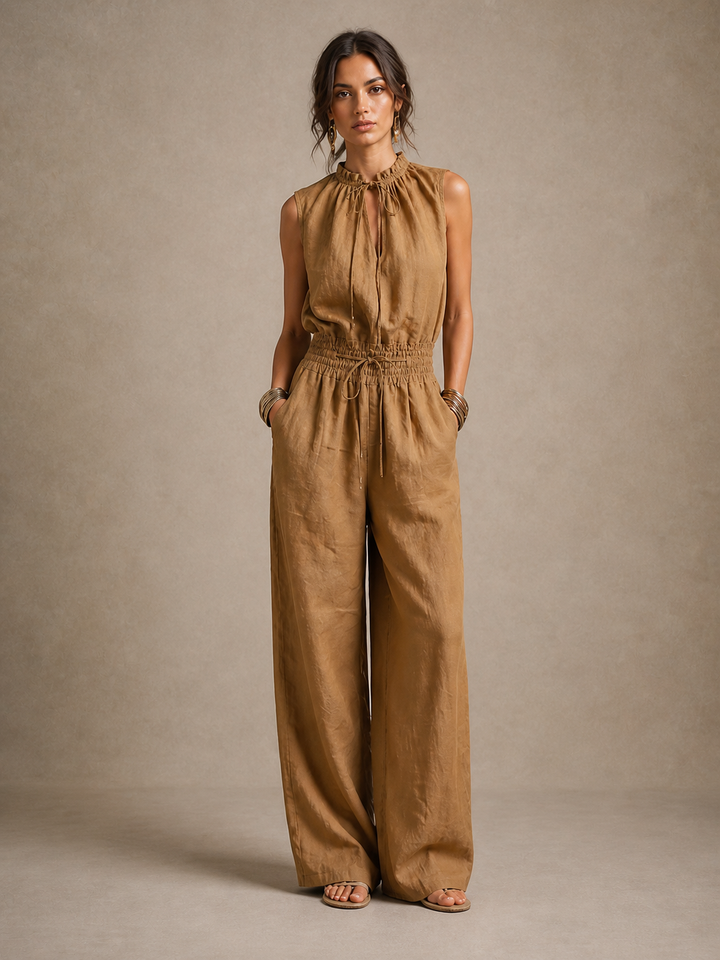 Lygenza – Ærmeløs jumpsuit med bindebånd i halsen og brede ben