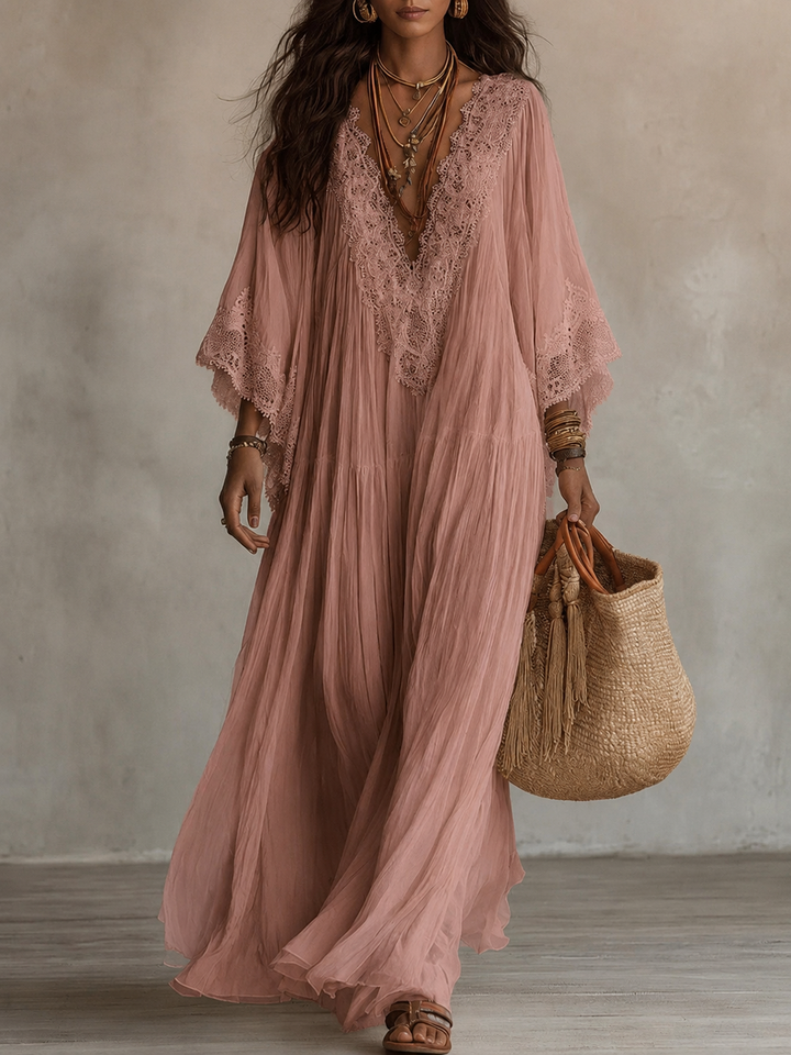 Ainura - Lang Kjole I Elfenbensfarvet Chiffon Og Blonder