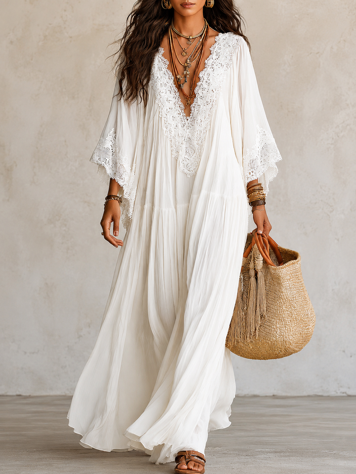 Shimmila – Maxi-kjole i Chiffon Med Batwing-ærmer og Blonder