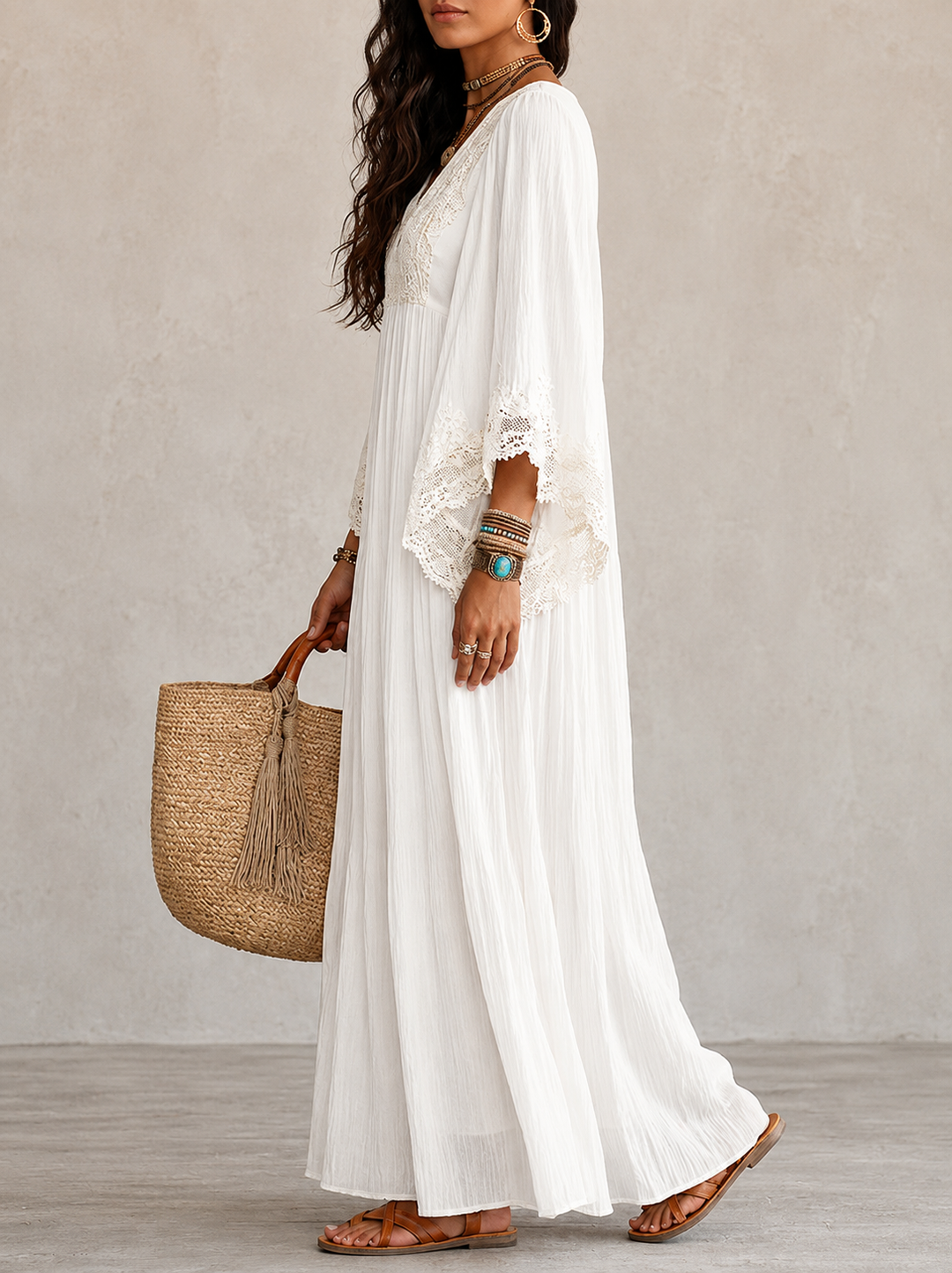 Shimmila – Maxi-kjole i Chiffon Med Batwing-ærmer og Blonder