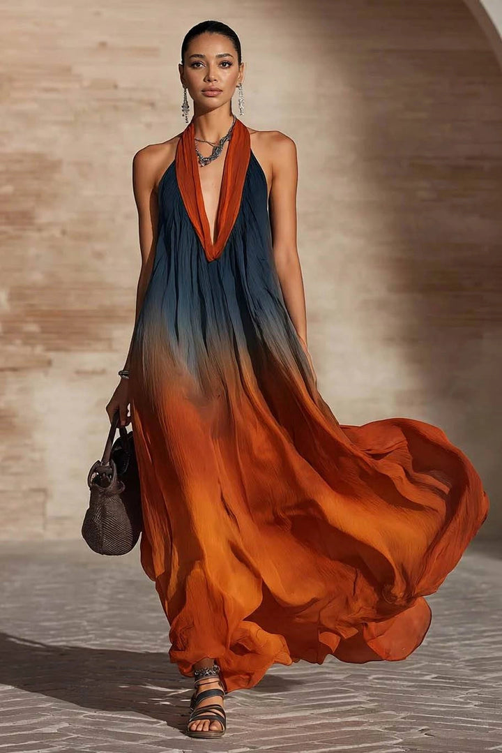 Naeela – Maxi-Kjole Med Halterneck og V-udskæring i Ombre-Look
