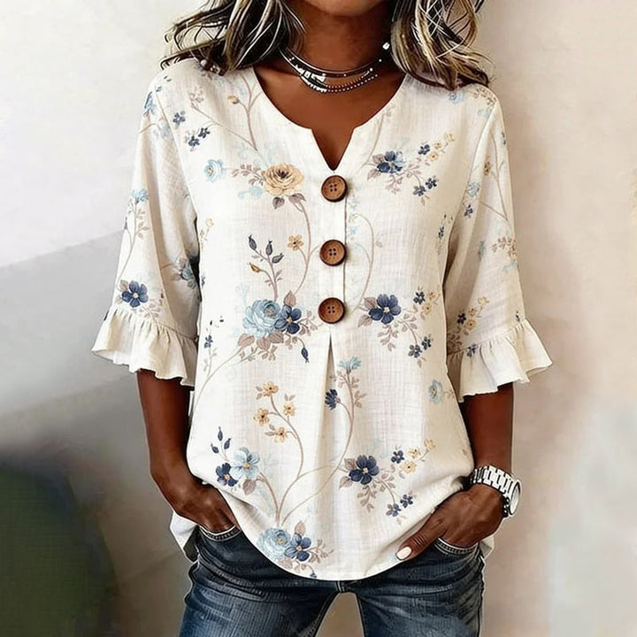 Kulap – Bluse Med Blomsterprint Og Knapper Samt Flæseærmer