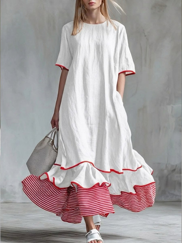 Behice - Long Dress With Short Sleeves and Red Striped Ruffles