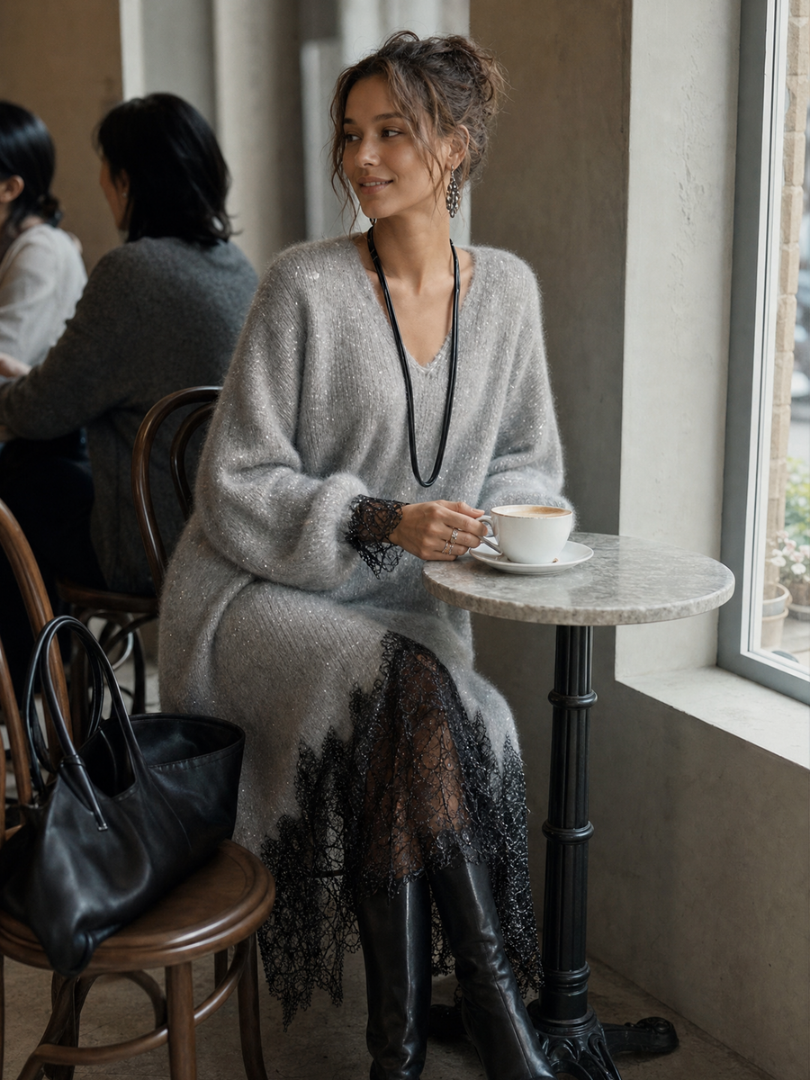 Samyra - Strikket Midikjole Med Blonder